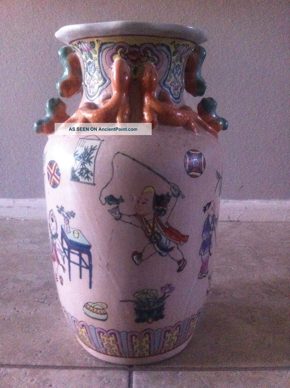 Antique Chinese Vase With Famille Rose Foo Dog Handles Applied Lizards Vases photo