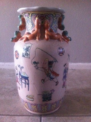 Antique Chinese Vase With Famille Rose Foo Dog Handles Applied Lizards photo