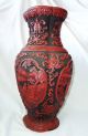 19ct Chinese Large Red & Black Cinnabar Vase W.  Woman In Garden Motif (tets) Vases photo 3