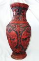 19ct Chinese Large Red & Black Cinnabar Vase W.  Woman In Garden Motif (tets) Vases photo 5