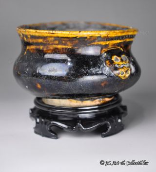 Rare Antique Black Glazed Furnace / Small Pot Deco With Beast Head Free Shippin photo