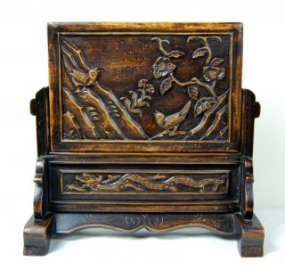 Antique Bird & Blossom Hand Carved Wood Panel Asian Art photo