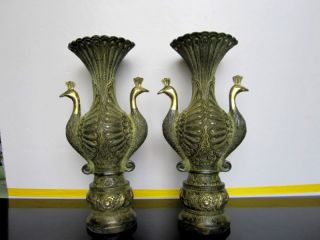 A Pair China Antique Bronze Peacock Statues Vases photo