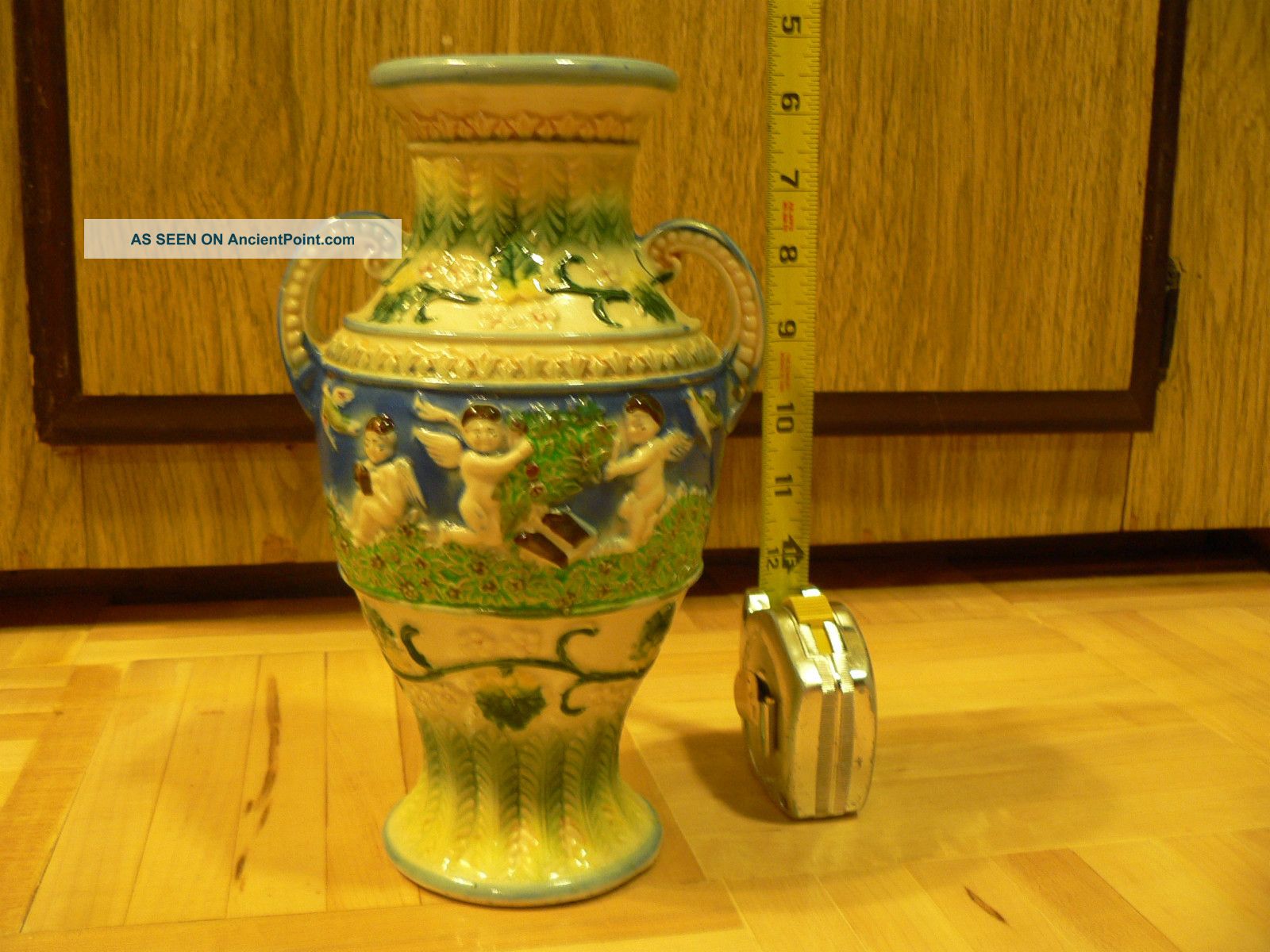 Antique Made In Japan Hand Painted Vase Cupids Angels Flying Winged Urn Vases photo
