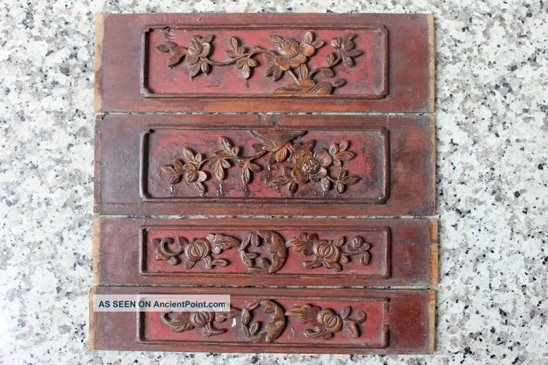 4 Pcs Antique China Carved Wood Old Chinese Wood Carved Flowers Other photo