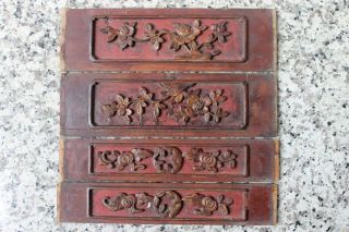 4 Pcs Antique China Carved Wood Old Chinese Wood Carved Flowers photo