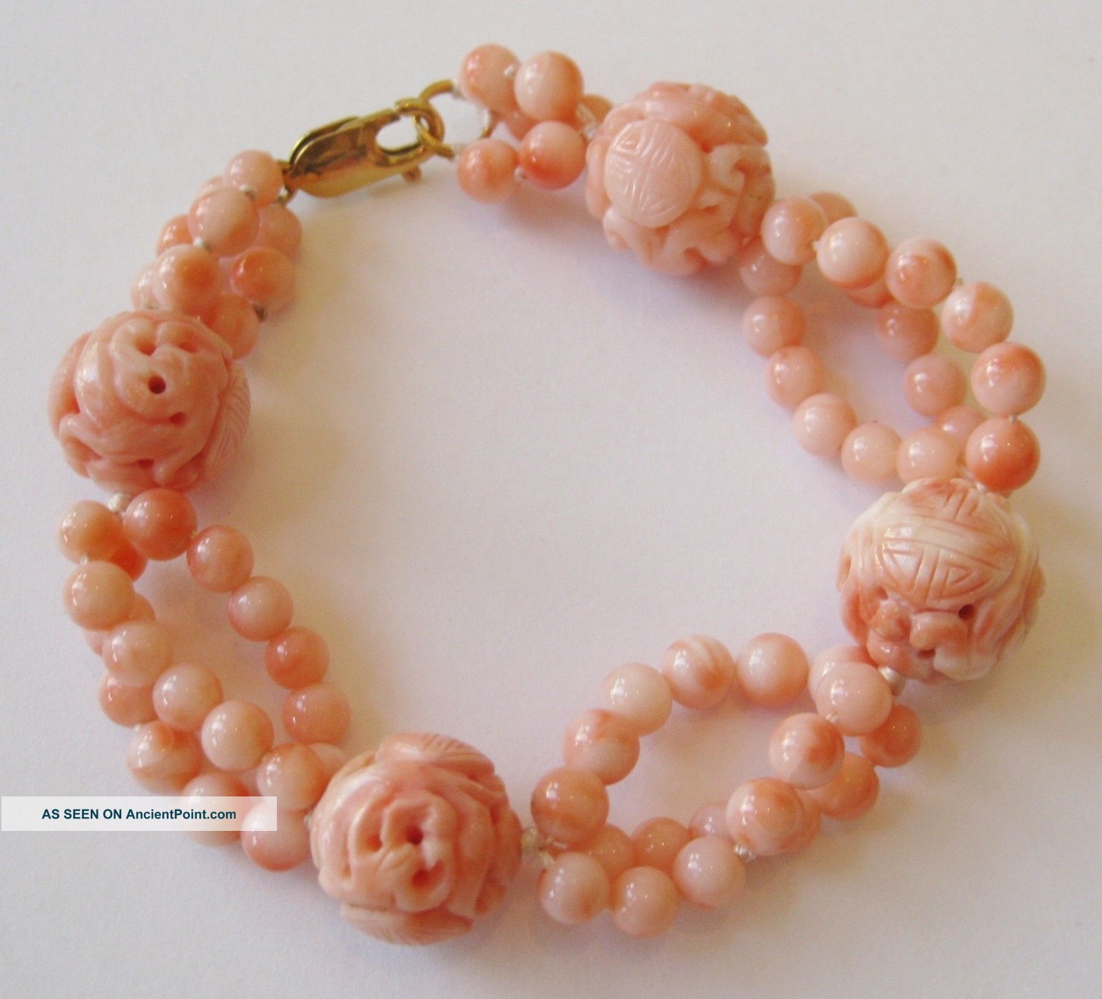 Fine Old Chinese Carved Pierced Coral Bead 14k Yellow Gold Bracelet Bracelets photo