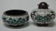 White Chinese Cloisonne Enamel And Brass Open Salt Cellar Dish & Pepper Shaker Other photo 1