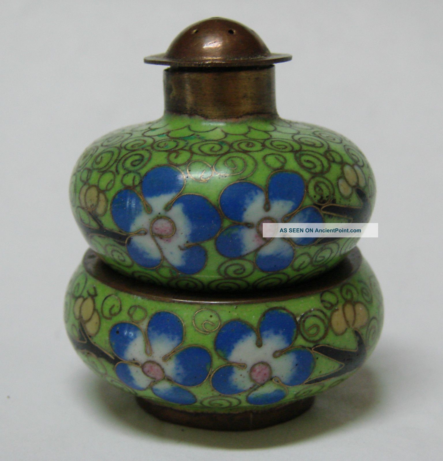 Green Chinese Cloisonne Enamel And Brass Open Salt Cellar Dish & Pepper Shaker Other photo