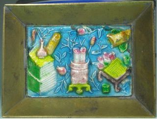 Antique Brass Tray With Colorful Raised Enamel Design Chinese 19th C. photo