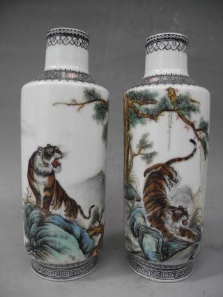 Chinese A Pair Famille Rose Tiger Porcelain Vases photo