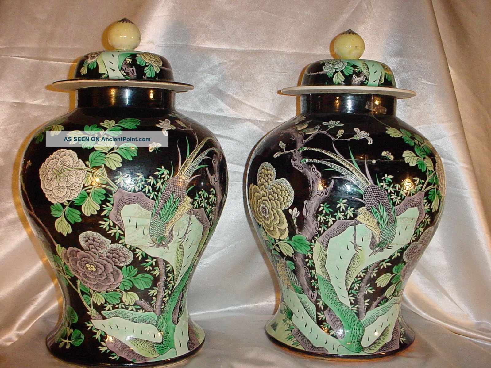 Rare Pair Kangxi Revival Chinese Famille Noire Balluster Jars Birds & Butterfles Vases photo