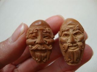2 Chinese Hand Carved Nut Luohan Immortal Monk Wood Antique Vintage Praying Bead photo