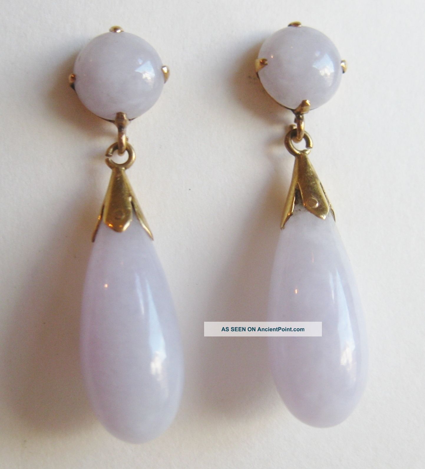 Fine Old Chinese Carved Lavender Jade Bead 14k Gold Tear Drop Dangle Earrings Necklaces & Pendants photo