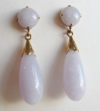 Fine Old Chinese Carved Lavender Jade Bead 14k Gold Tear Drop Dangle Earrings photo