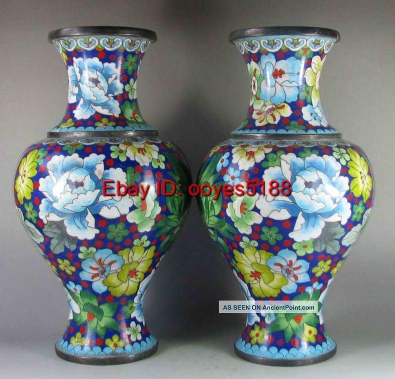 Pair Chinese Old Cloisonne Peony Flower Design Vase Vases photo
