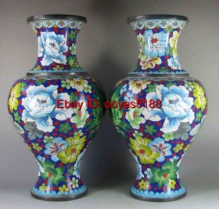 Pair Chinese Old Cloisonne Peony Flower Design Vase photo
