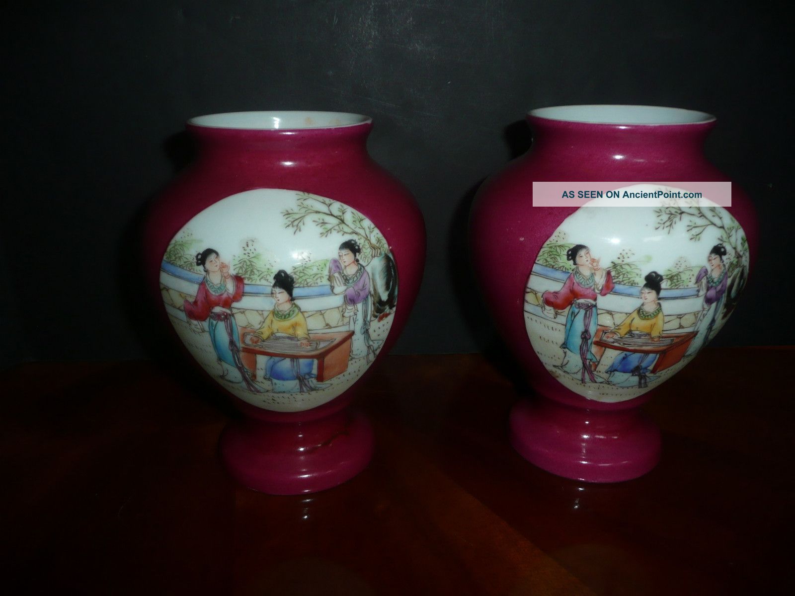 Chinese Rogue Red Glaze Vase - Open Window Famille Rose - Pair,  6 3/4 