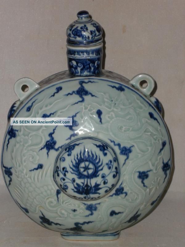 Chinese Blue&white Carving Porcelain Dragon Flat Vase Vases photo