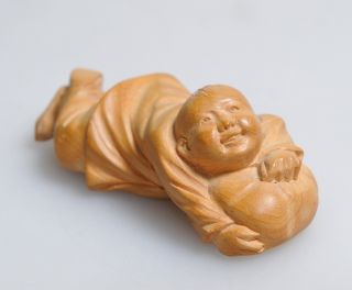 Happy Stretching Boy W Pumpkin 20c Carved Wood Japanese Netsuke 7.  5 Cm Signed photo