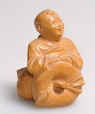 20c Signed Japanese Netsuke Carved Wood Happy Boy W Pumpkin 5.  7 Cm Small photo