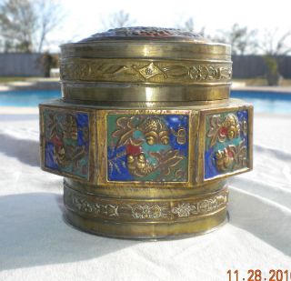 Fish Enamel Chinese Brass Tea Caddy China Enameled photo