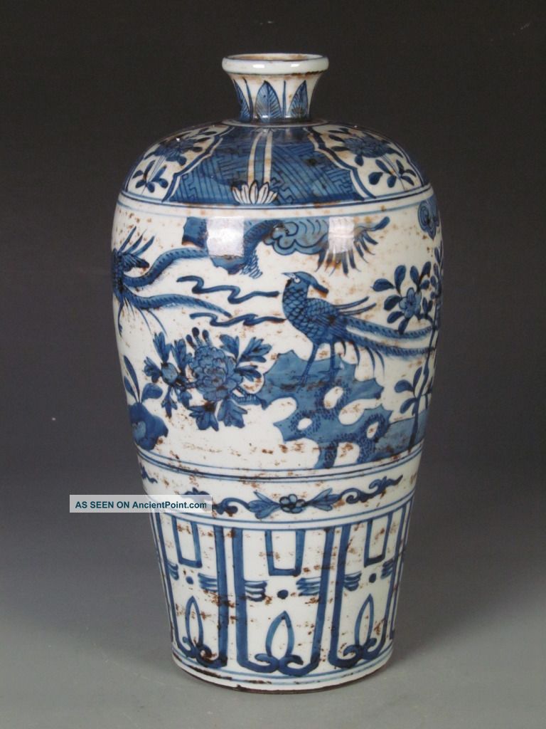 Fine Chinese Blue & White Porcelain Flowers & Birds Vase Vases photo
