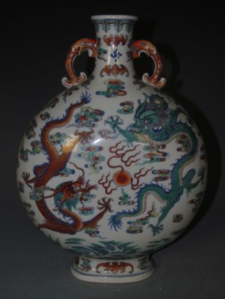 Fine Chinese Rare Clash Colors Porcelain Flat Duo Dragons Vase photo