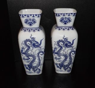 2 Large Antique Ardalt Porcelain Dragon Azul Vases photo