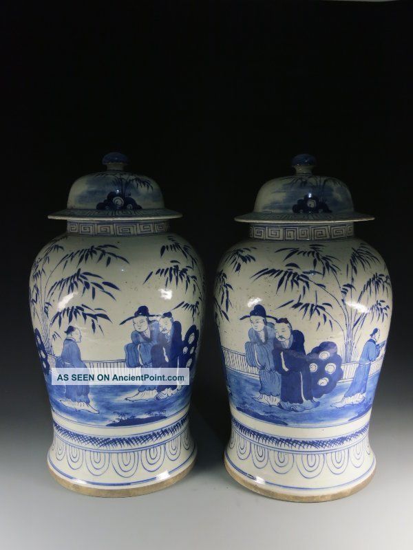 A Pair Large Stunning Chinese Blue And White Porcelain Pot Vases photo