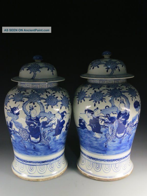 A Pair Large Stunning Chinese Blue And White Porcelain Pot Vases photo