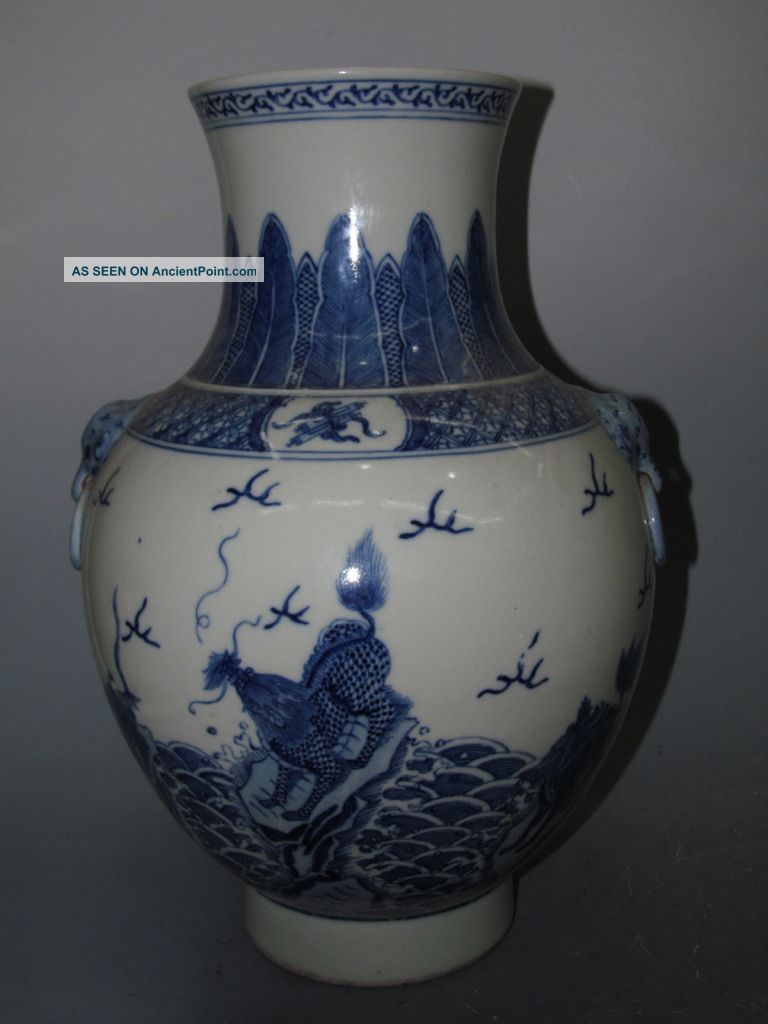 Fine Chinese Rare Blue & White Porcelain Kylin Vase Vases photo