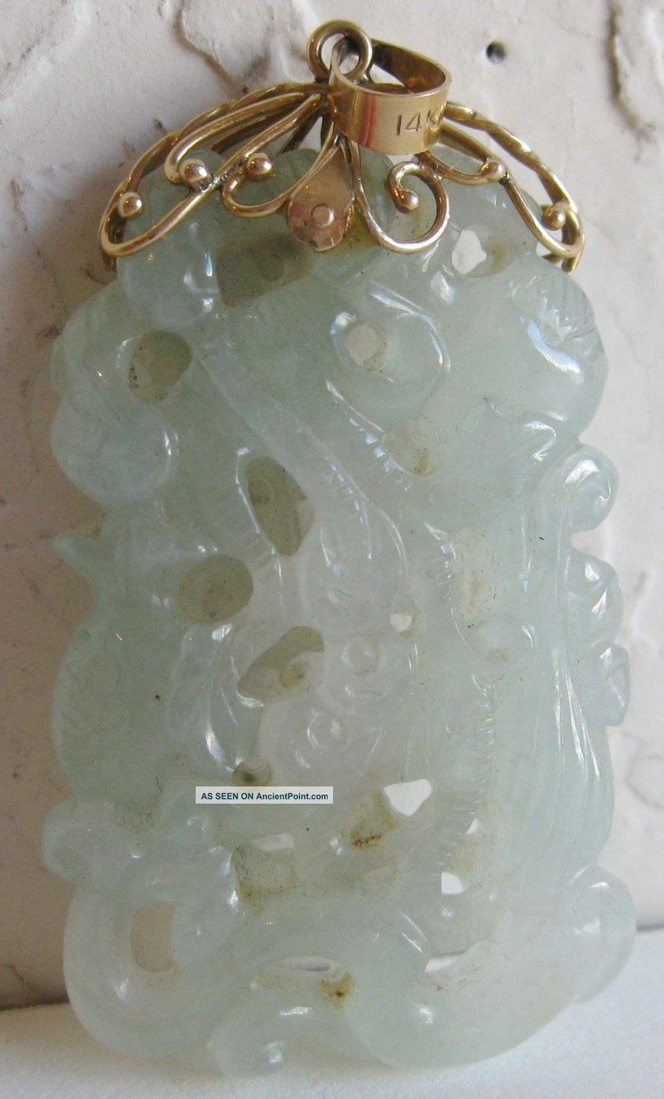 Fine Old Chinese Carved Jade 14k Gold Dragon Necklace Pendant Necklaces & Pendants photo