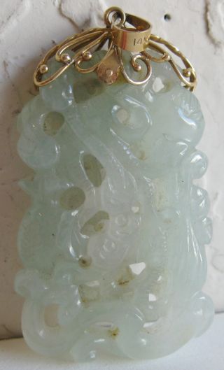 Fine Old Chinese Carved Jade 14k Gold Dragon Necklace Pendant photo