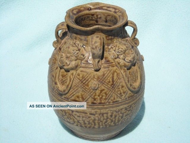 Chinese Asian Glazed Jar Vase W 4 Lion Foo Dogs Vases photo