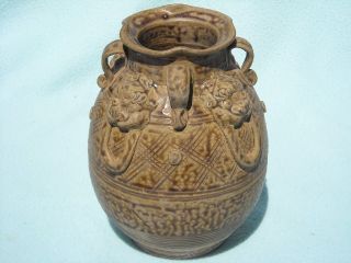 Chinese Asian Glazed Jar Vase W 4 Lion Foo Dogs photo