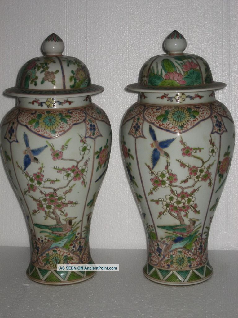 Pair Stunning Chinese Porcelain Flower Birds Vases Vases photo