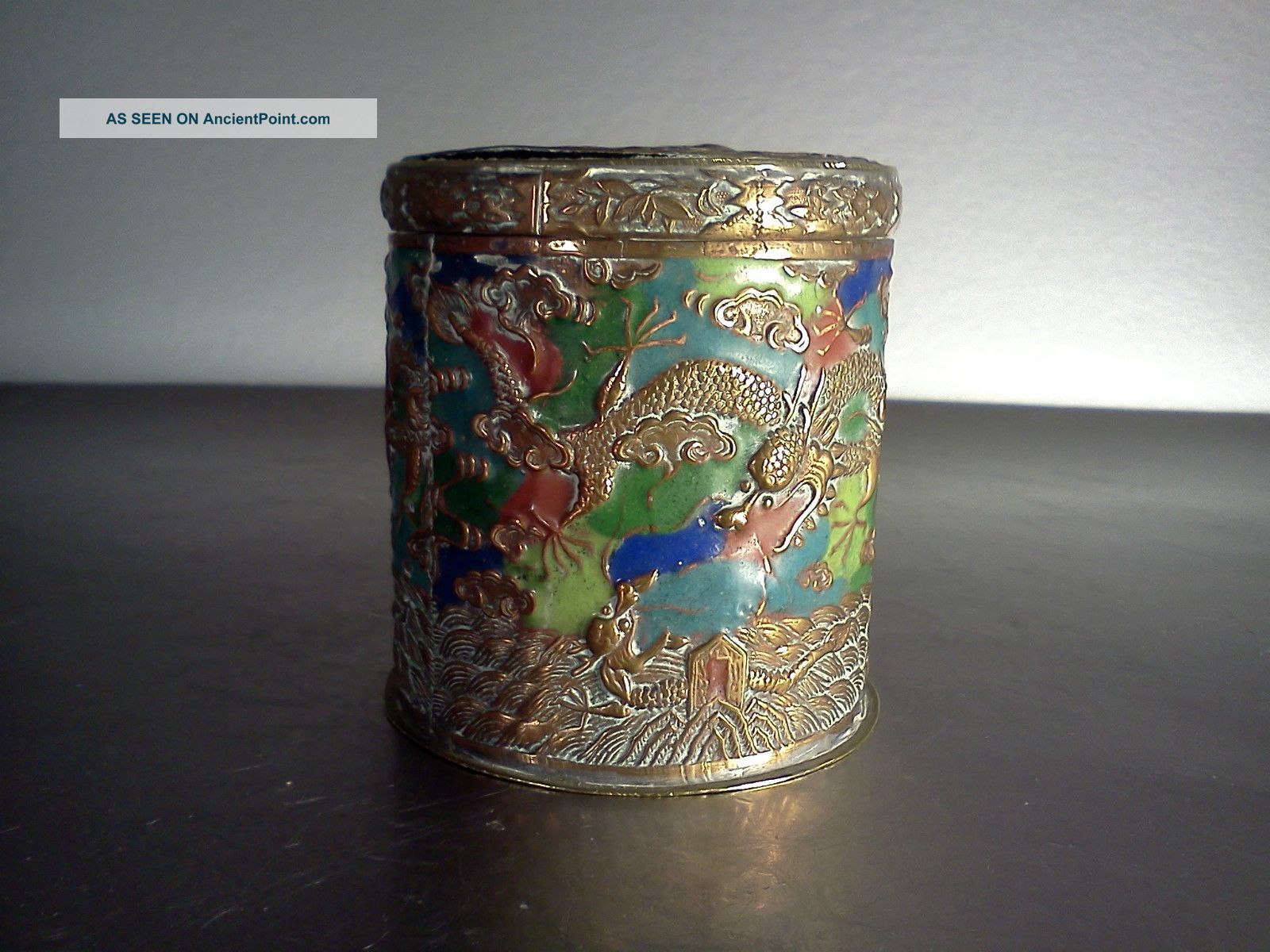 Antique Chinese Brass And Enamel Dragon Relief Cigarette Box China N Reversed Other photo