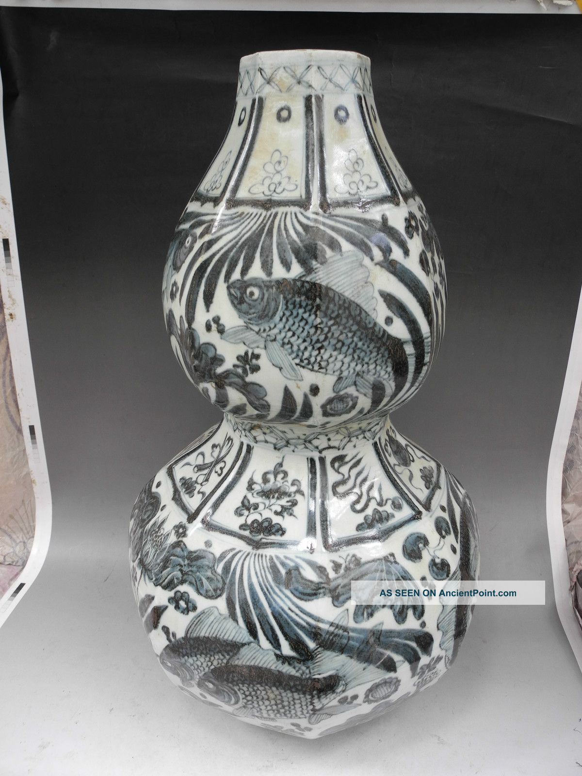 Chinese Huge Blue & White Fish Porcelain Gourd Vase Vases photo