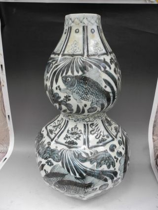 Chinese Huge Blue & White Fish Porcelain Gourd Vase photo
