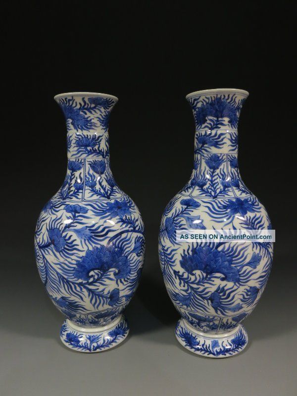 A Pair Stunning Chinese Blue And White Porcelain Vase Vases photo