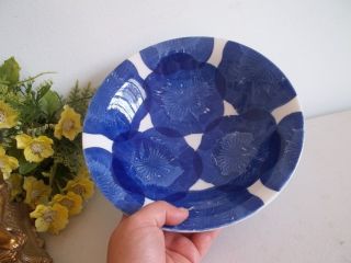 Vintage Chinese Pottery Dark Blue Tissue Paper Flowers Ceramic Footed Bowl photo