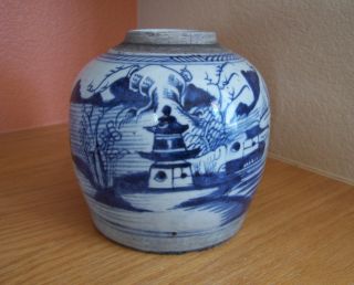 Antique Chinese Ginger Jar,  Traditional Canton Style,  Blue & White Design photo