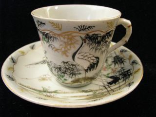 Antique 19th C Japanese Orienatal Ceramic Stoneware Cup Saucer Heron Crane Nr photo