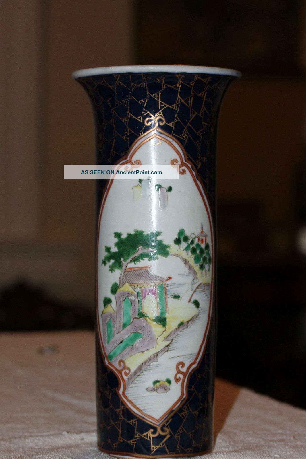 Item 1167 Antique Chinese Porcelain Trumpet Cylinder Famille Noir Vase Vases photo