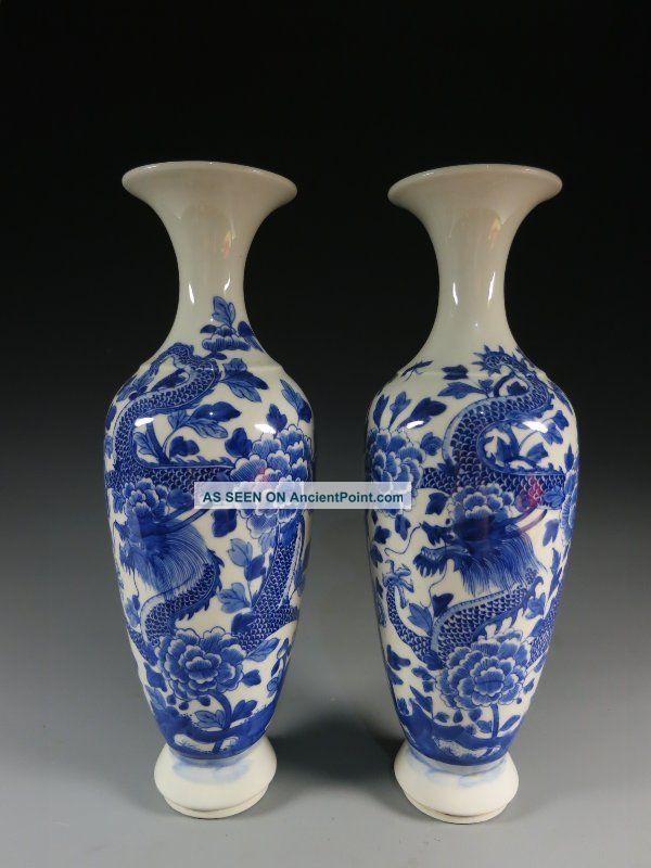 A Pair Stunning Chinese Blue And White Porcelain Dragon Vase Vases photo