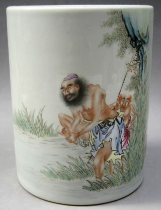 China Famille Rose Character Brush Pot,  Delicate Rare Painters photo