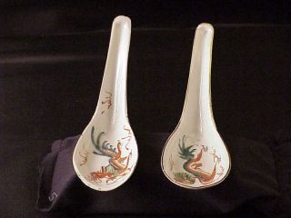 Set Of 2 Spoons Antique Chinese Export Porcelain Painted Dragon Spoon photo