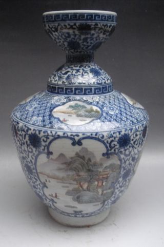Blue & White Famille Rose Landscape Porcelain Wine Vase photo