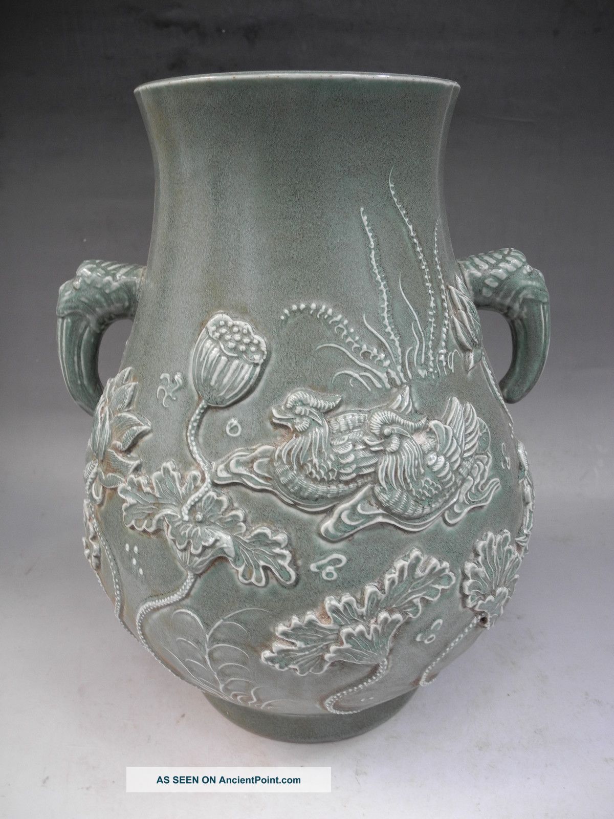 Chinese Monochrome Carved Lotus Flower Mandarin Duck Porcelain Vase Vases photo